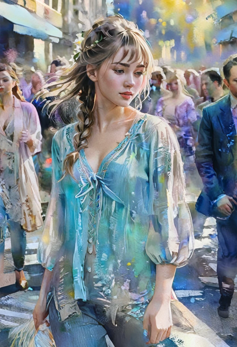 Painting, water color, paint strokes, muted colors, best quality, photorealistic, 1girl, woman,(skindentation), medium breast, (bright), (professional lighting, bokeh), (street), people, crowds, braided bangs, (blouse:1.5), (portait:0.8), gorgeous, bloom, floating hair, (dynamic pose:0.6) , soft lighting,
