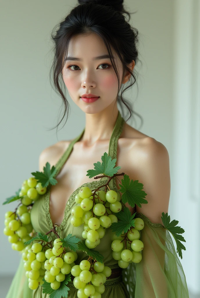 An adult sexy white body chiness girl wearing green grapes clothes standing front.