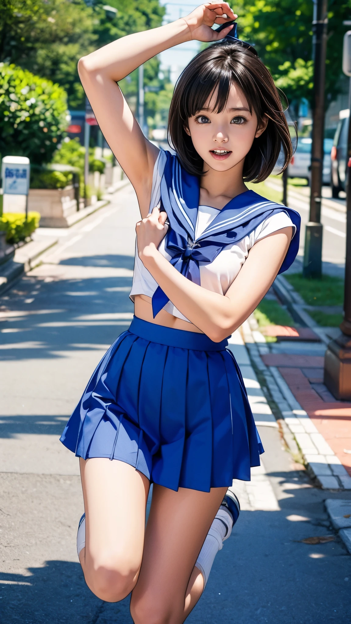 Otaku Girl、Having a blast dressed up as Sailor Mercury、Joy、Active pose、Raise your arms and jump、Very thin thighs、Outdoors