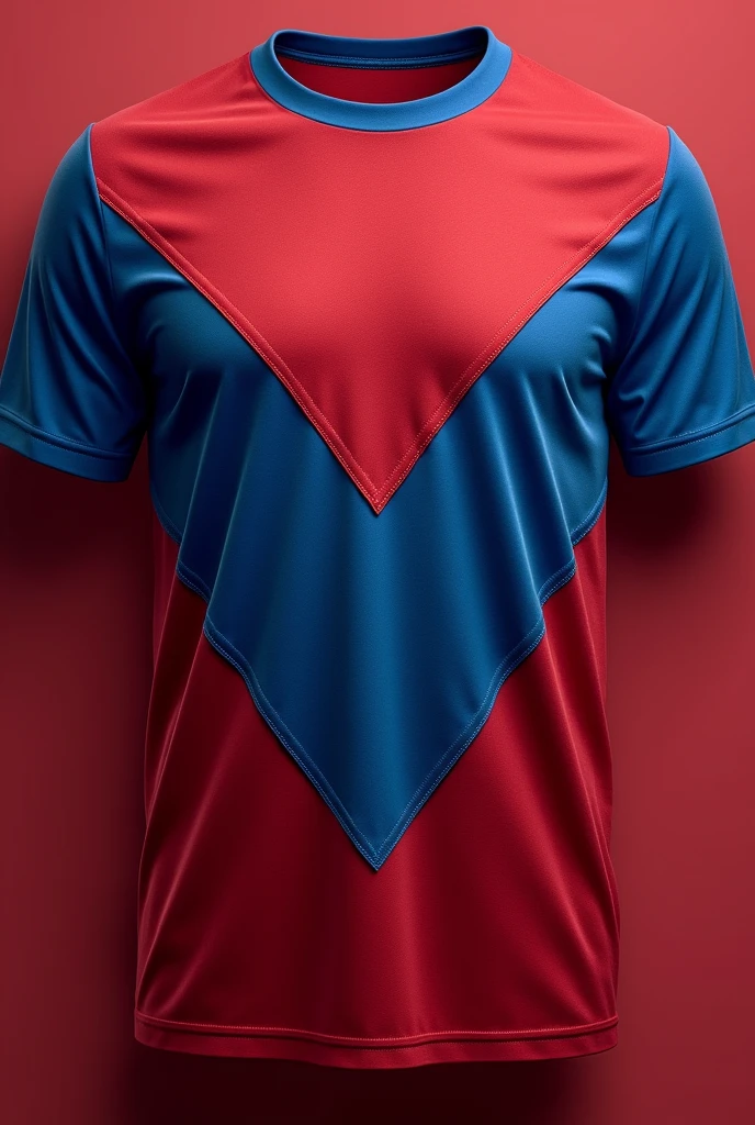 A football jersey style t-shirt, with the colors blood red and royal blue