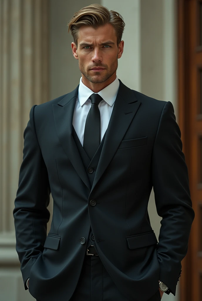 A very tall ,muscular rich man with green eyes ,very dark ash blonde hair wearing a suit with boyish face.