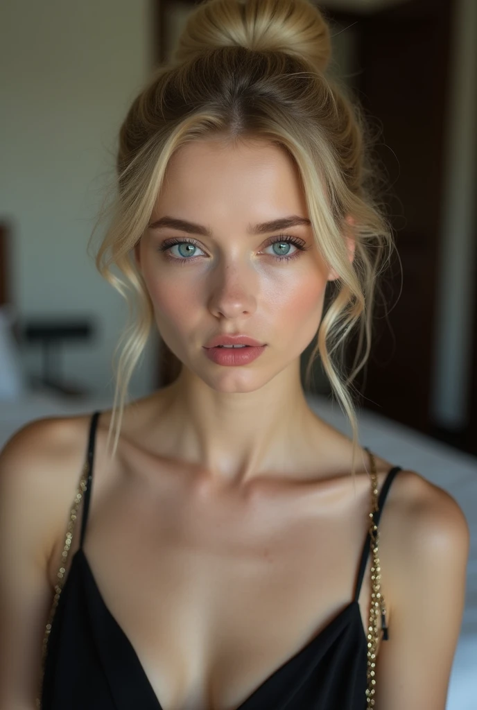 aesthetic looking woman (Age 22). blonde hair in a formal bun, snow white skin and baby blue eyes, contour on the pink cheekbones, serious expression, She wears a black top, and the handle is chain style, closeup, Bedroom Scenario