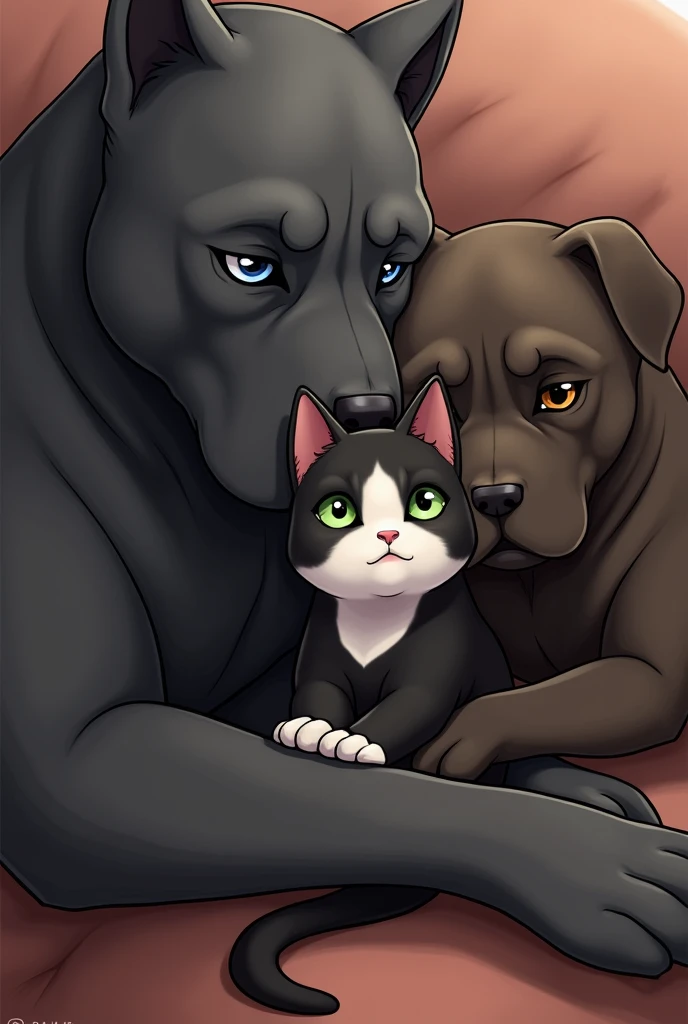 create a picture, where there is a cat with two dogs. The cat has a white belly. Der Rücken ist aber schwarz und der Kopf von der Katze ist auch schwarz aber this cat hat ein weißes Herz in der Mitte von dem Gesicht. The dogs both have grey fur the breed of the dogs is Cane Corso close of the dogs has brown eyes, and the other dog has blue eyes, this cat, cuddles with the two dogs, and the dogs are significantly larger than the cat. The cat has green eyes. The dogs both have dark grey fur. The dogs are much bigger than the cat. One dog has blue eyes and the other dog has brown eyes.