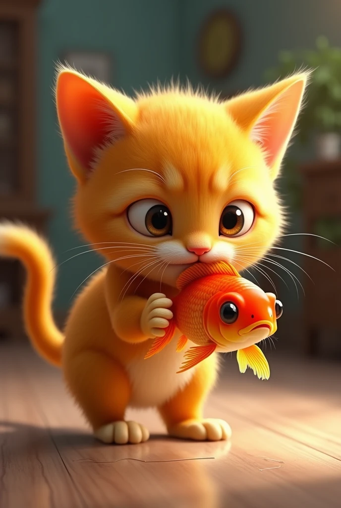 The yellow cat ate a goldfish