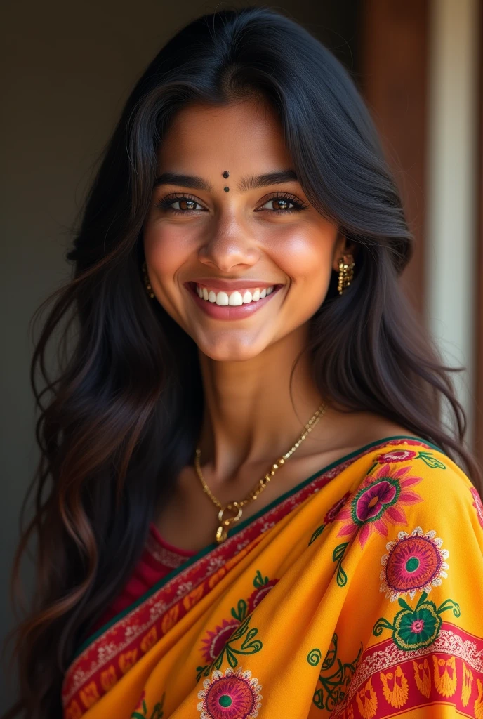 Indian young mom age 35 wearing saree with beautiful smile 