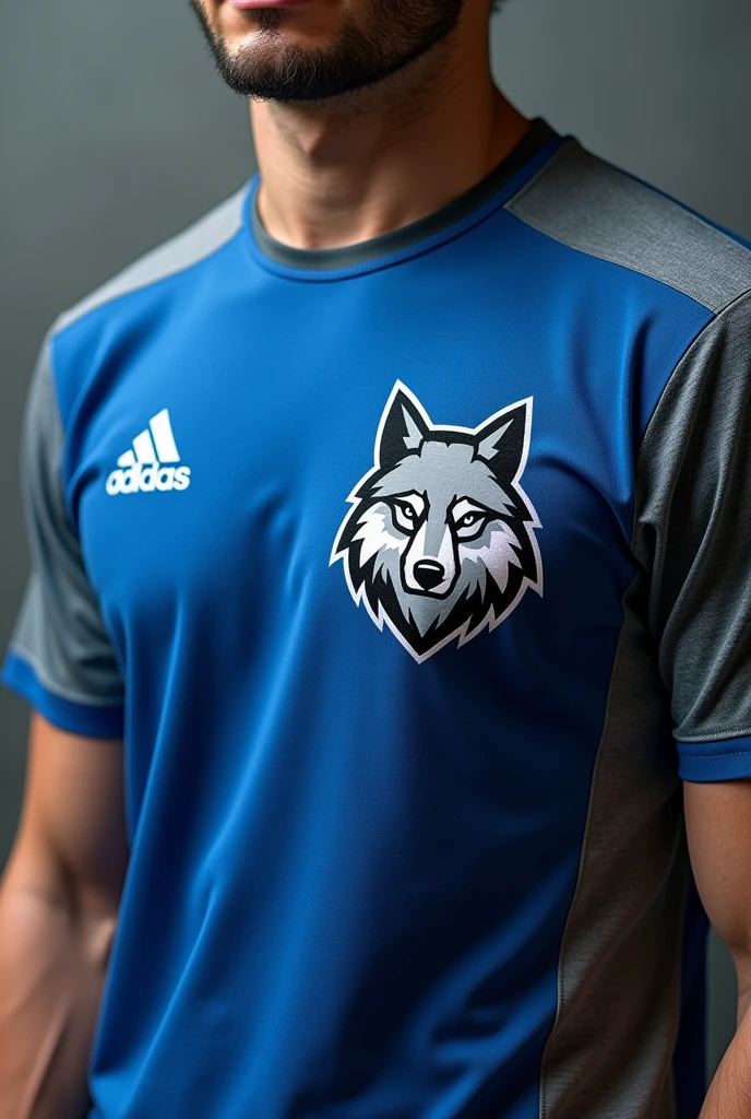 Make a blue and gray team shirt with a wolf logo on the right side, Keep wearing that shirt, just write Vicente team