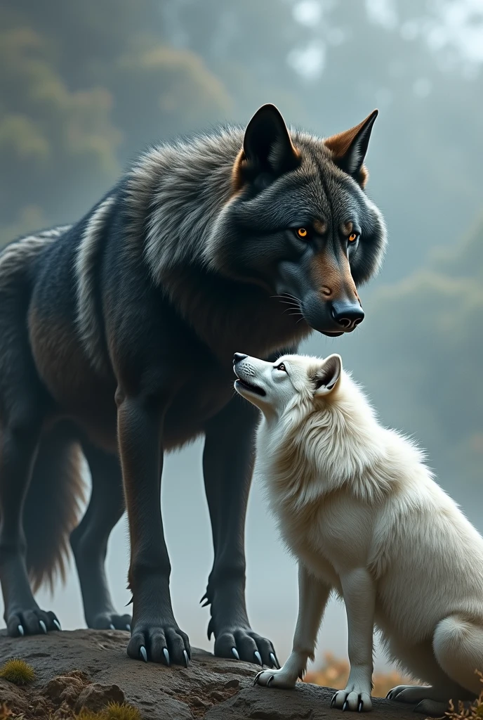 Two Wolves, a large, alpha, dark and a very hairy white one on the side