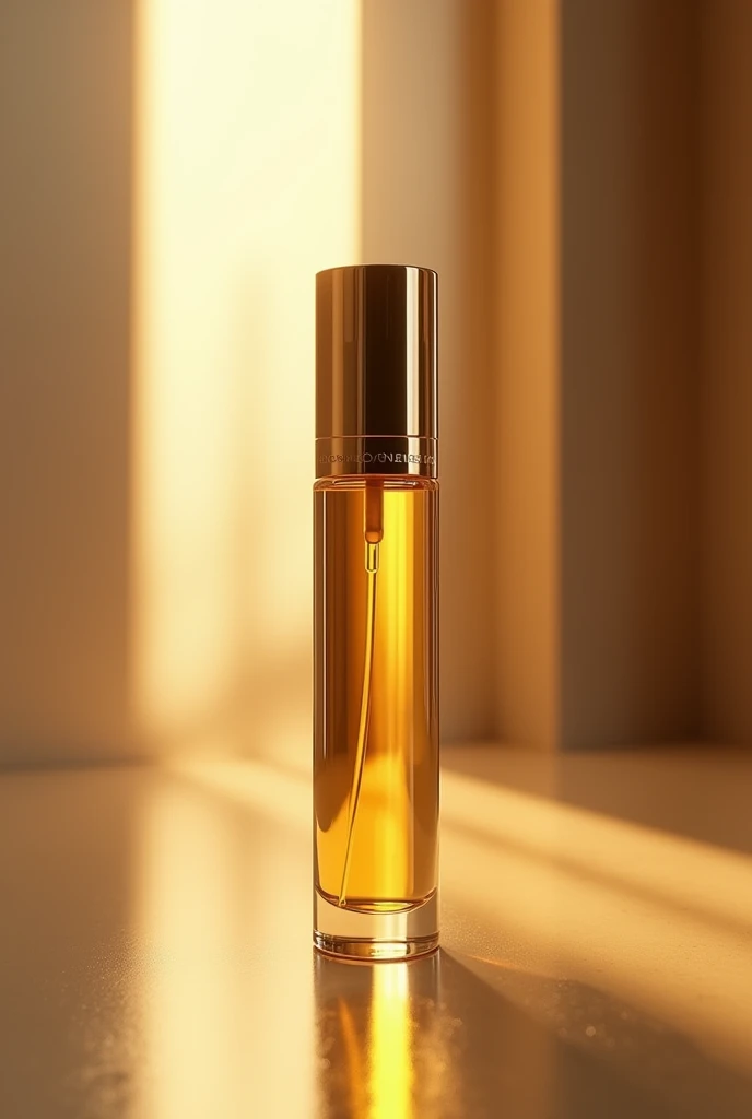 (photorealism:1.2), a perfume oil roll on bottle with golden color oil fill & an elegant background professional 