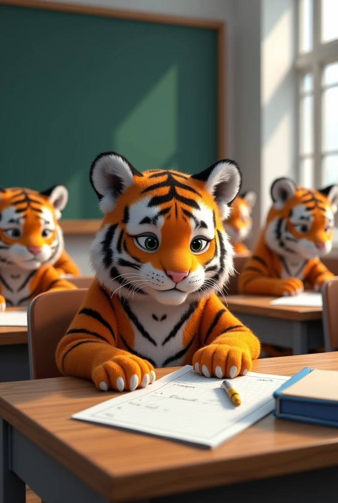 I create a classroom with a group of tiger college students taking an exam and one is very nervous and sad because he didn't study