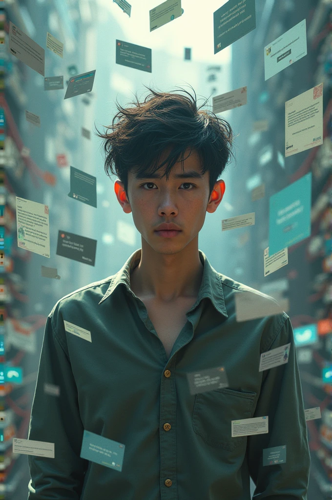 Young man surrounded by messages and very lost