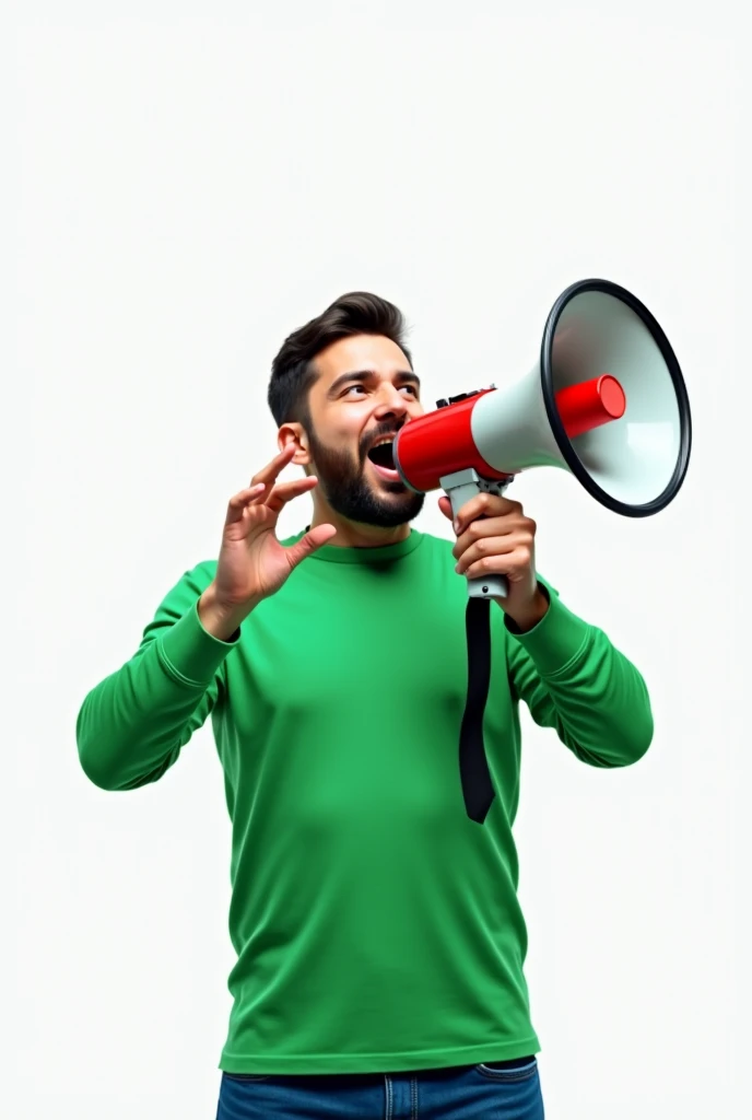 A MAN TALKING IN A MEGAF In green shirt On white background