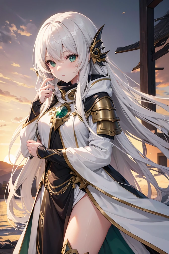 4K,hight resolution, One Woman, cream colored Hair, Long hair, Green eyes,Sister, gray sacred armor, Gray hood, the setting sun