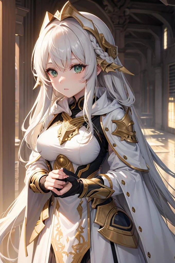 4K,hight resolution, One Woman, cream colored Hair, Long hair, Green eyes,Sister, gray sacred armor, Gray hood, the setting sun