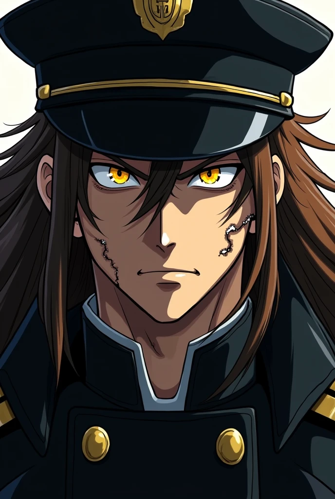 ((Artwork)), ((8K)), (2000s anime style), (Man), (long brown hair), golden yellow iris color, cold gaze, (face with cut scars), (Torn ears), wearing black closed military coat, wearing black military hat.
