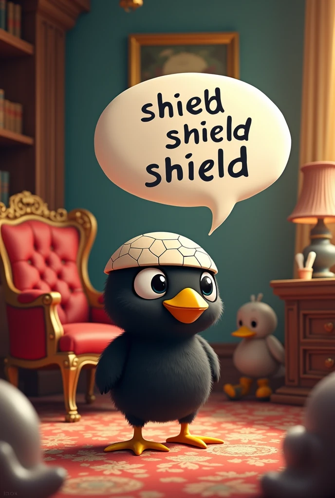 Calimero in an aristocratic office with a speech bubble with Shield Shield Shield written on it