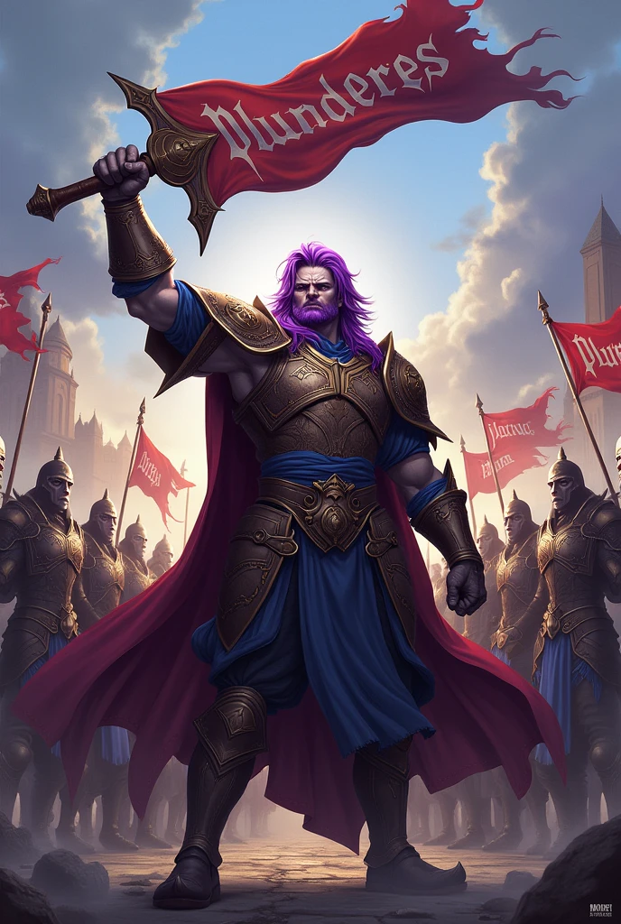 A purple haired man, leader of a guild, holding the word Plunderes and behind him his army of warriors.