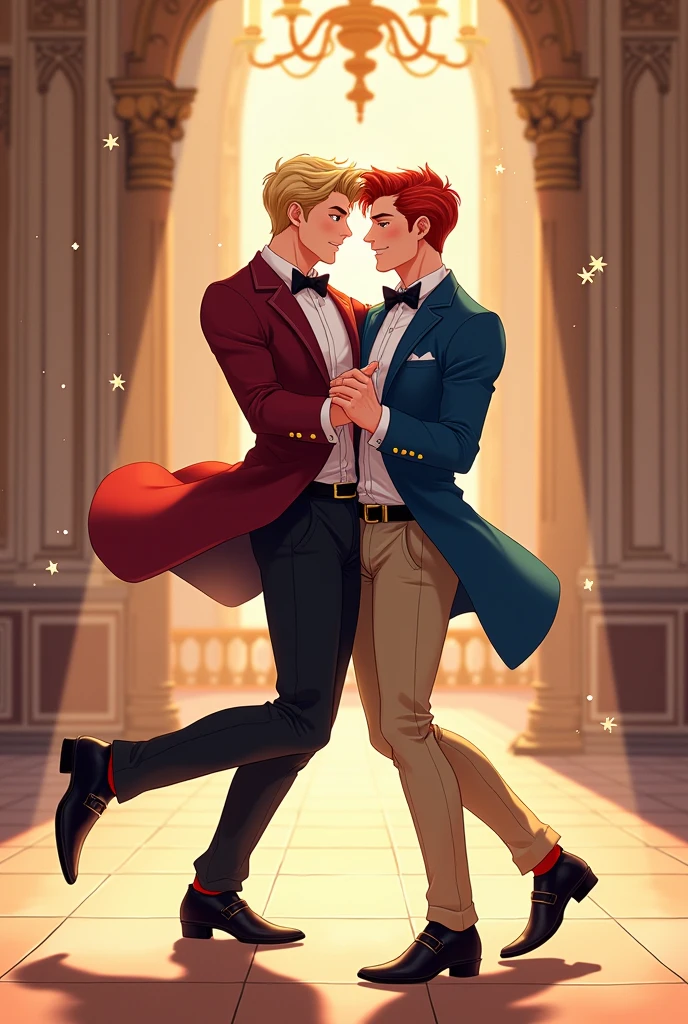 Two men they are dancing the man on the left is wearing a white shirt black bow tie a burgundy suit with gold buttons black pants and ballroom shoes he is blond and he is black the man on the right is wearing a white shirt blue suit with gold buttons a black bow tie wearing glasses beige pants and ballroom shoes he is redhead they are happy and in love they are in a ballroom dancing the image has to be in anime