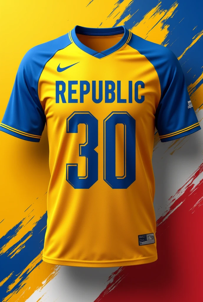 A football jersey style t-shirt, with the colors sunshine yellow and royal blue, inspired by life in a republic 