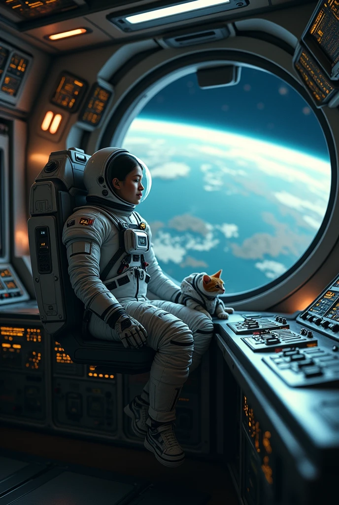 the astronaut floating in the control room of spaceship, the cat in spacesuit also floating beside him, the background outside the window of spaceship is earth, realistic, cinematic, loneliness, vibrant, frame ratio 9:16