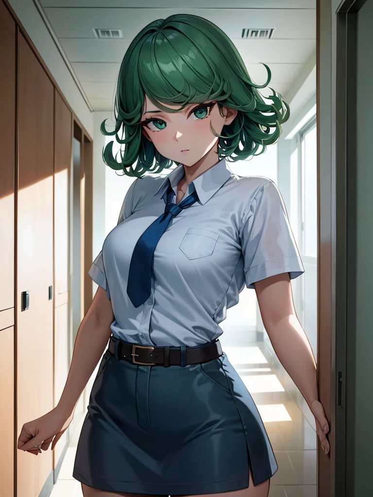 (high res, 8K, masterpiece, looking at viewer, best quality, very aesthetic, ultra detailed, ultra background, ultra Eyes) intricate details, 1girl, Tatsumaki, short sleeved white shirt, Light Blue Gray short skirt, Pockets on the left chest, Blue Gray tie, Wearing a belt, green short hair, green eyes, Normal Face, Staring at the camera, Background School Hallway, Cinematic Angle