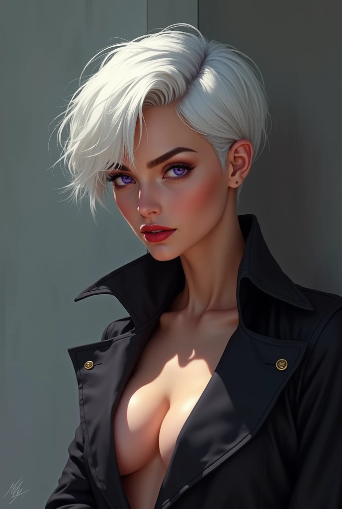 A woman with very short white hair and light BROWN skin, dressed in a short coat, She has violet eyes and is smiling with slightly red lips., showing her body