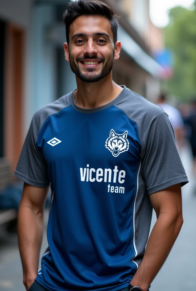 Make a blue and gray team shirt with a wolf logo on the right side, Keep wearing that shirt and just write "Vicente team"
