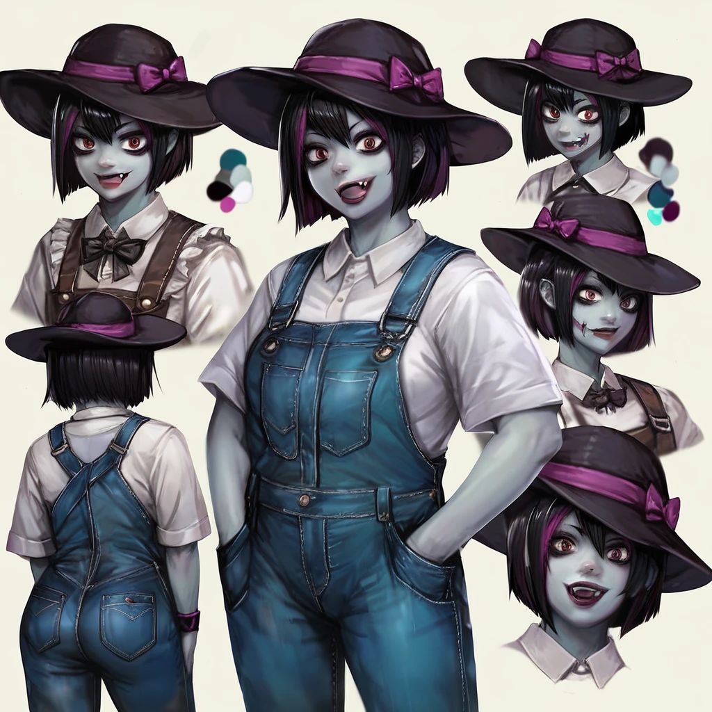 score_9, score_8_up, score_7_up, score_6_up, score_5_up, score_4_up, BREAK source_anime, character sheet, dark eyeliner, gothic, girl, fang, zombie, 8k, super detail, best quality, overalls, green blouse, hat, character sheet, detailed face, best quality, character design