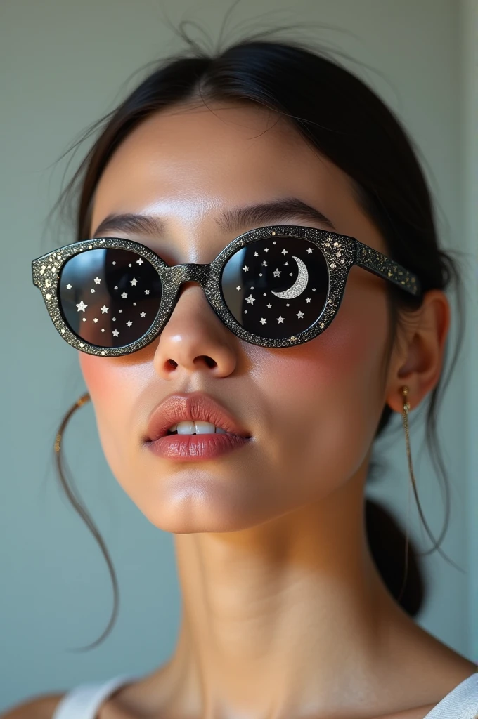 The model is wearing glass sunglasses with stars and the moon on the glass