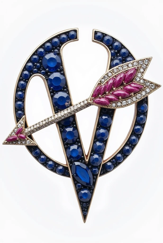 A brooch with A letter having blue sapphires and V letter using rubies. And an arrow going through them made using diamonds. Make the design inquisitive and subtle. It should have fluidity. Sort of abstract. A little less abstract. The fluidity can cause the design to be sort of circular also