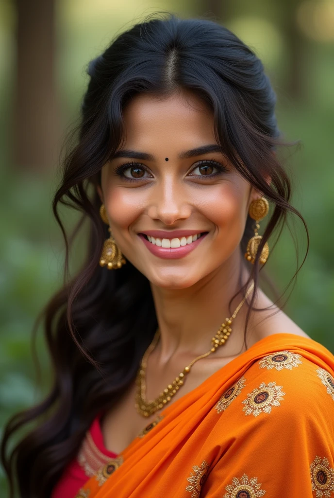 Indian young mom age 38 wearing saree with beautiful smile