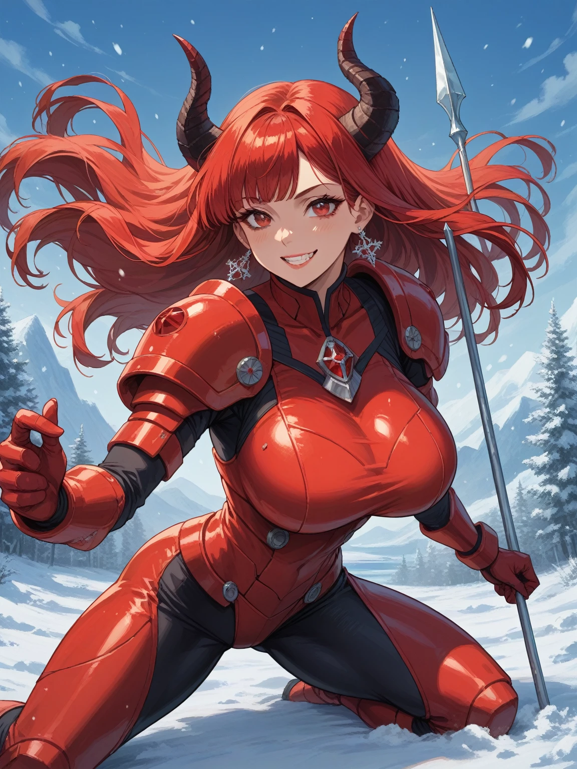 Masterpiece, very detailed, ultra detailed, one, (1 woman), Sporty body, six packs of press, she is in futuristic red armor with bright black details, with a red, large and detailed spear, in a stable and fighting position, long hair, straight hair and sharp bangs, bright red hair, red demonic horns, beautiful, charming, red eyes, elegant, Big breasts (huge), wise smile, charming, against the background of snow, ice and winter.