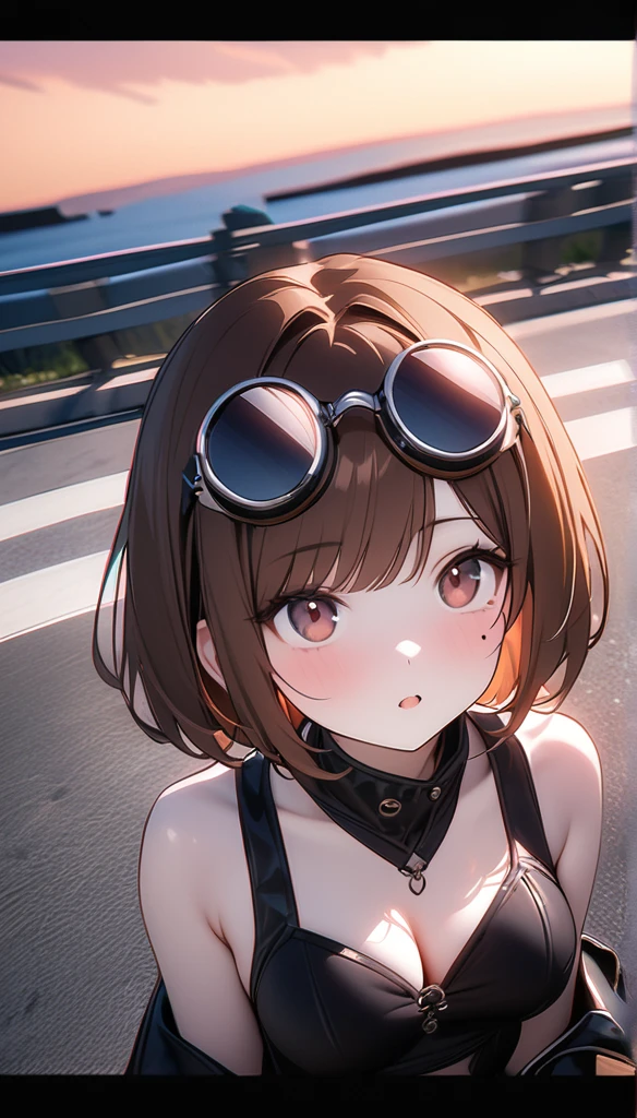 (One person),(Best image quality, 8k, masterpiece:1.3), 解剖学的に正Shii, ((Brown hair bob cut:1.1)),(Swept-apart bangs,), (Cute eyes, Dark Eyes), (Mole under right eye), (thin),(Glowing Skin:1.1),(Pale skin:1.2),(Fantasyな雰囲気),(look up),Ultra-high resolution, Textured skin, Sparkle Effect, Fantasy,Bright Eyes,adult,Medium Breast,
((Black Riders,Black Leather Pants,Black leather gloves,Black Leather Boots,Round goggles,Black American helmet,))
Riding American Motorcycles,Seaside Road,sunset,Sunset,
Lots of white space, Cleavage,Red sports bra,Rin々Shii,