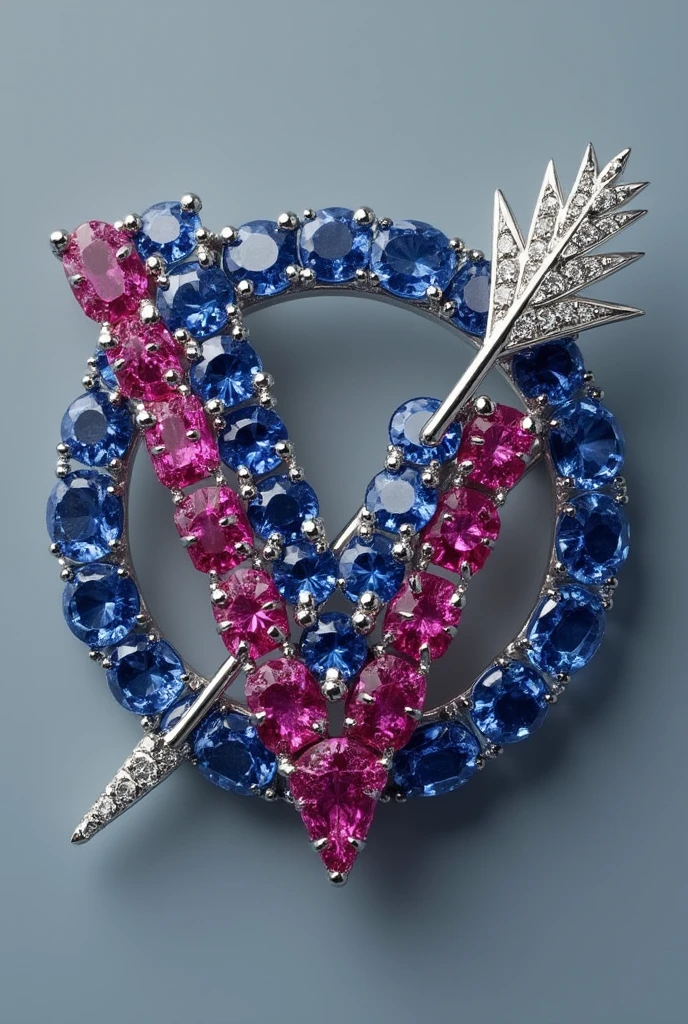 A brooch with A letter having blue sapphires and V letter using rubies. And an arrow going through them made using diamonds. Make the design inquisitive and subtle. It should have fluidity. Sort of abstract. A little less abstract. The fluidity can cause the design to be sort of circular also