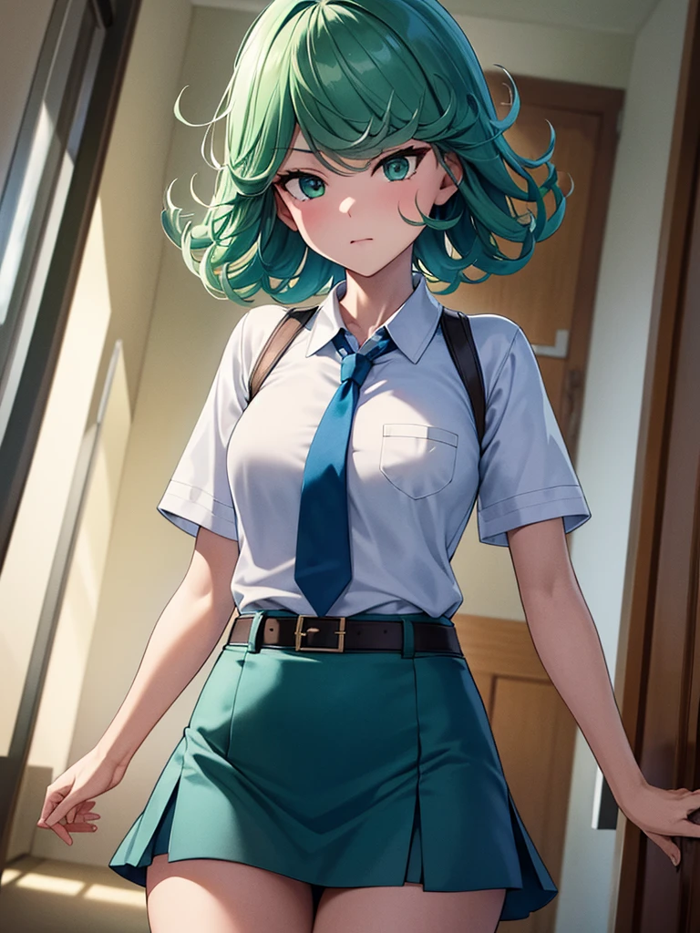 (high res, 8K, masterpiece, looking at viewer, best quality, very aesthetic, ultra detailed, ultra background, ultra Eyes) intricate details, 1girl, Tatsumaki, short sleeved white shirt, Light Blue Gray short skirt, Pockets on the left chest, Blue Gray tie, Wearing a belt, green short hair, green eyes, Normal Face, Staring at the camera, Background School Hallway, Cinematic Angle