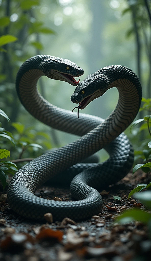 Two snakes are fiercely engaged in a fight amidst a dense forest clearing. Their sleek, scaled bodies are intertwined as they coil and strike at each other with lightning speed. The ground beneath them is damp with the recent rains, and nearby leaves tremble with their movement. The snakes' eyes are locked in a primal battle, their sharp fangs flashing as they try to gain dominance. The air around them feels tense, filled with the sounds of their hissing and the rustling of the underbrush. The scene is both intense and mesmerizing, capturing the raw power and survival instinct of nature.