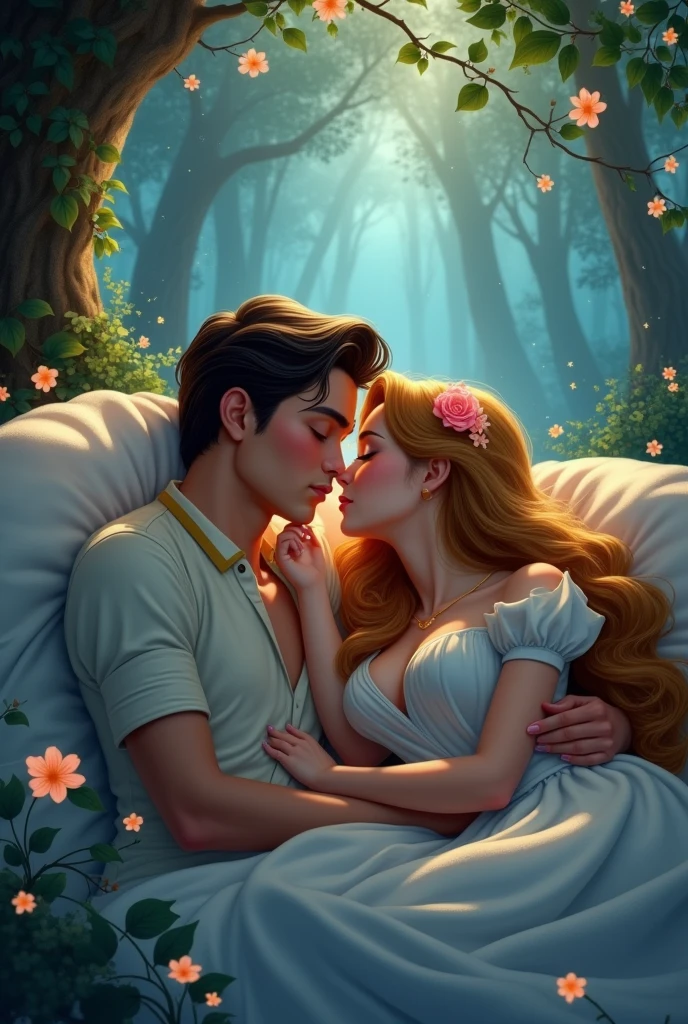 a sleeping Disney prince and his princess kissing him on the mouth
