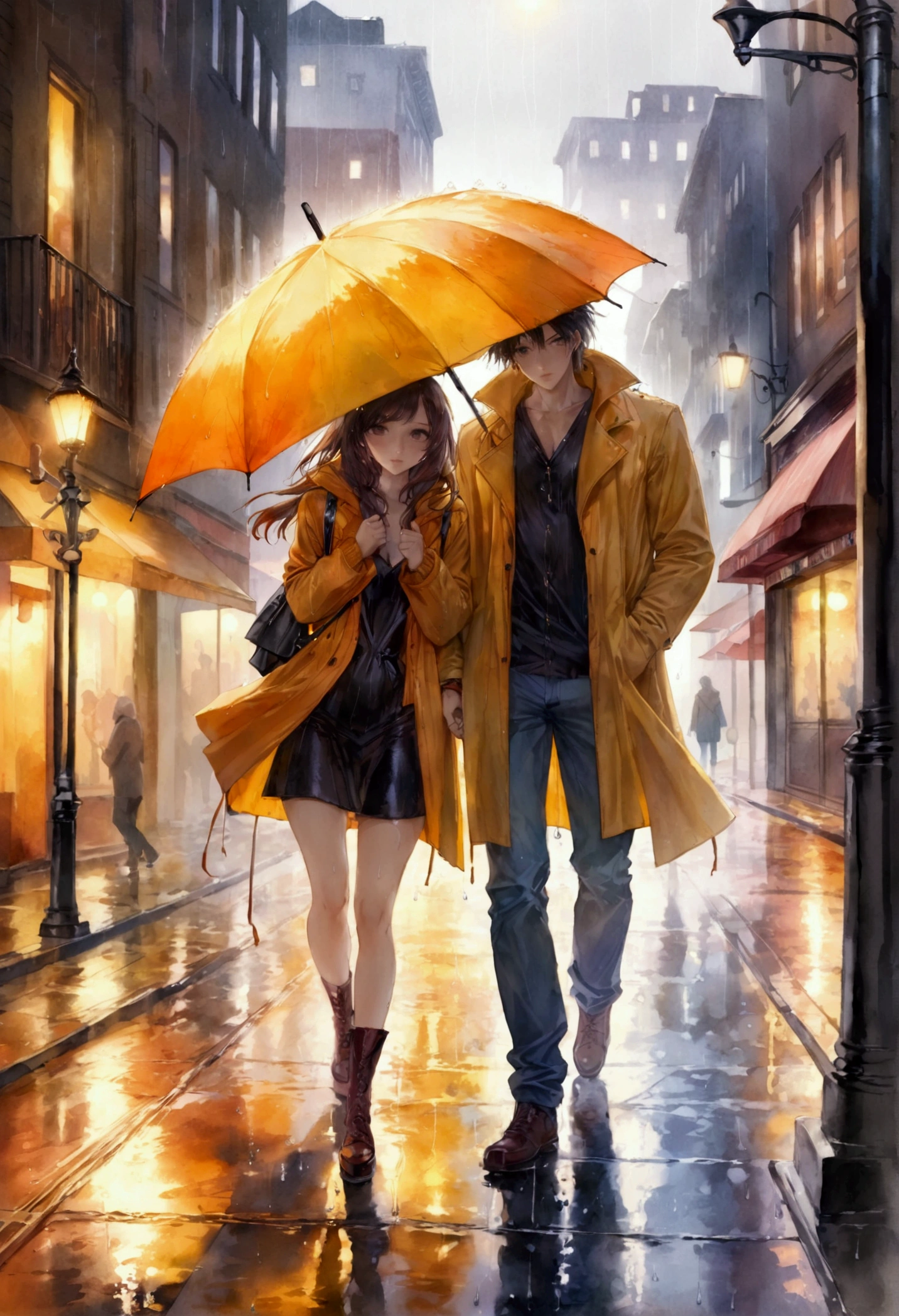 night, deserted streets of a big city. Only one couple is walking down the street in the pouring rain. watercolor painting.