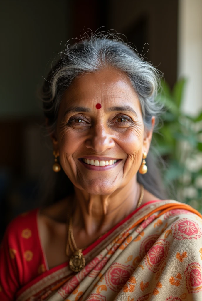 Indian young mom age 42 wearing saree with beautiful smile 