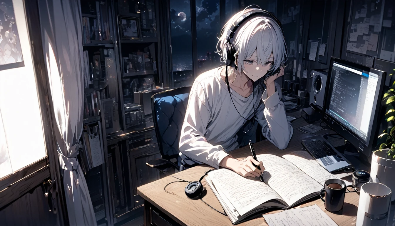 A boy writing notes at a desk、The view from the window、night、Dark Room、Right beside、I have headphones on