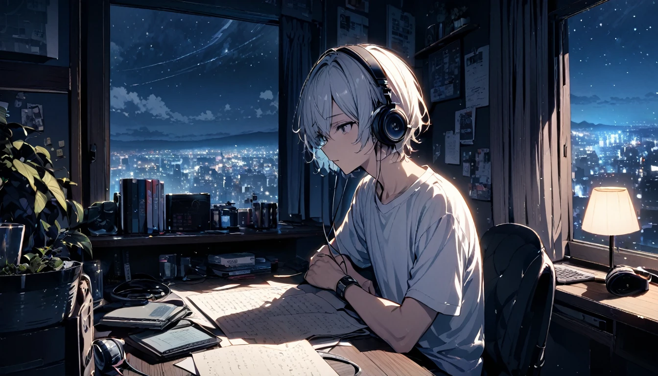 A boy writing notes at a desk、The view from the window、night、Dark Room、Right beside、I have headphones on