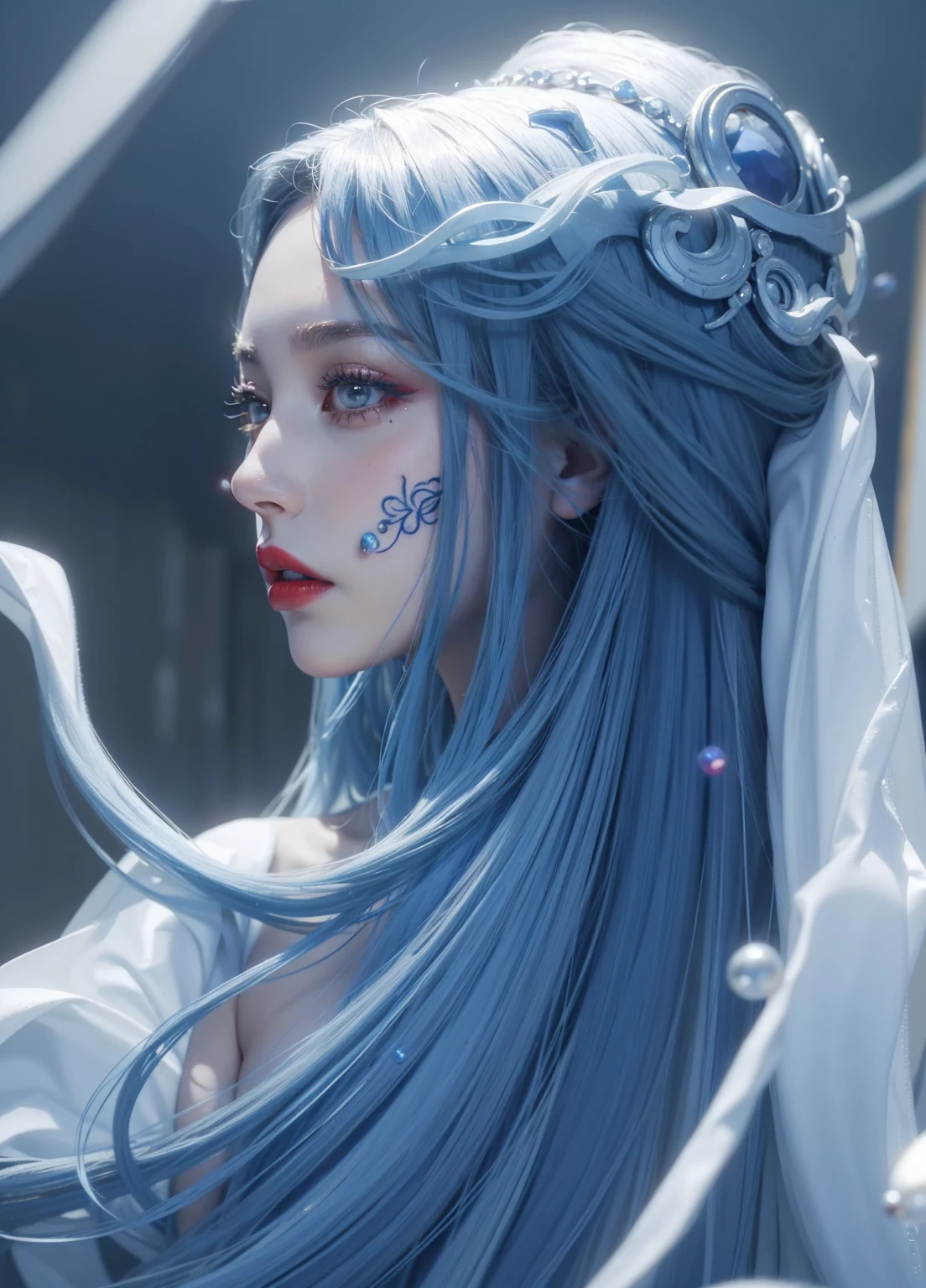 Royal princess,Extremely detailed, Delicate face, Stock Photography , Portrait 400, F1 Camera Lens.6, rich and colorful, Surrealism, Realistic textures, Dramatic Lighting, Thin Film Distiller 800 (8K, original photo, Better quality, masterpiece: 1.2), Extremely detailed, (Extremely delicate skin: 1.2), 8K ultra high definition, SLR camera, Soft Light, high quality.Fire Queen,Blue pupils,Wear red lipstick,Have a tattoo,The tattoo is very three-dimensional,Gorgeous and intricate tattoo designs,Dark eyeshadow,Sexy thick lips(Red lipstick),Gorgeous pearl and gemstone decoration,Cleopatra wore jewelry made of gold and precious stones.,The stunning Queen