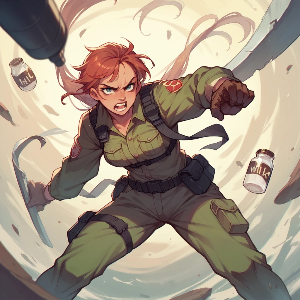 A woman in her 40s has army gear on. She is fighting in a battle and has a jar of milk for you.