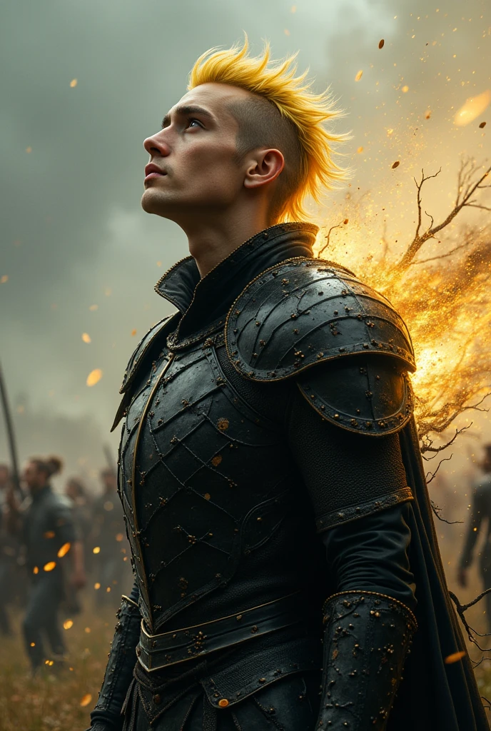 masterpiece, best quality, ultra high res, art, (abstract art:1.3), (1man, thin adult french male:1.2), black eyes, yellow hair, slick back,
portrait, solo, upper body, looking up, detailed background, detailed face, (warp, EPIC FANTASY, excessive energy, ulblackholetech theme:1.1), paladin, dark armor, dynamic pose, battlefield in background, wind, darknes and holy power, cinematic atmosphere,
pild3,