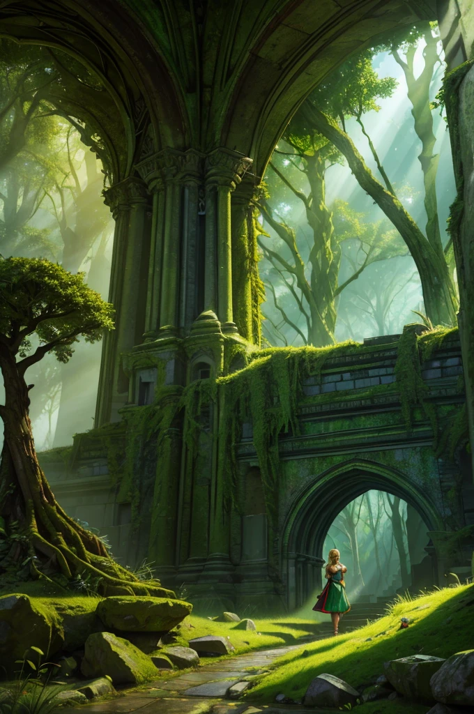 sorceress wearing a green dress and red panties, blonde bobcut, gorgeous woman, ancient overgrown stone ruins, ((low-angle shot)), (best quality,4k,8k,highres,masterpiece:1.2),ultra-detailed,(realistic,photorealistic,photo-realistic:1.37),HDR,UHD,studio lighting,ultra-fine painting,sharp focus,physically-based rendering,extreme detail description,professional,vivid colors,bokeh,fantasy,magic,supernatural,dramatic lighting,moody atmosphere,lush vegetation,moss-covered stones,crumbling architecture,dramatic shadows,sunbeams