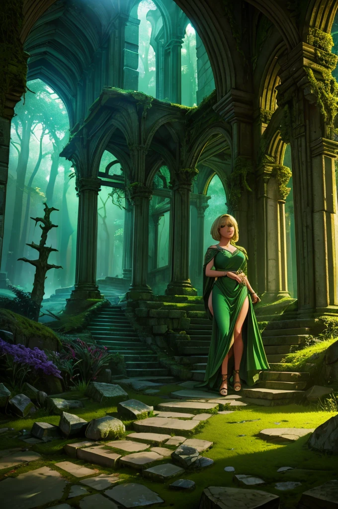 sorceress wearing a green dress and red panties, blonde bobcut, gorgeous woman, ancient overgrown stone ruins, ((low-angle shot)), (best quality,4k,8k,highres,masterpiece:1.2),ultra-detailed,(realistic,photorealistic,photo-realistic:1.37),HDR,UHD,studio lighting,ultra-fine painting,sharp focus,physically-based rendering,extreme detail description,professional,vivid colors,bokeh,fantasy,magic,supernatural,dramatic lighting,moody atmosphere,lush vegetation,moss-covered stones,crumbling architecture,dramatic shadows,sunbeams