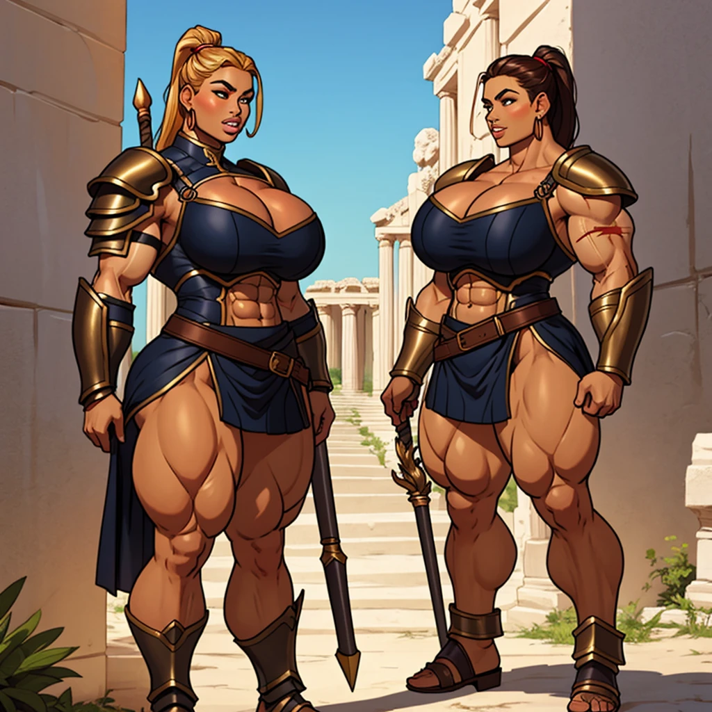 SFW, group of young girls, amazon warriors on guard holding a long spear weapon in an ancient greek-like city, chest armor huge breastplate, young, teens, muscular, athletic, buff, attractive, curvy, powerful, bulky, incase, super tanned, dark bronzed skin, extremely huge thighs, hypermuscular legs, extremely pumped up quad muscles, wearing armor, perfectly round breasts, breast implants, fake tits, parted lips, scar on thighs and biceps, exaggeratedly thick thighs