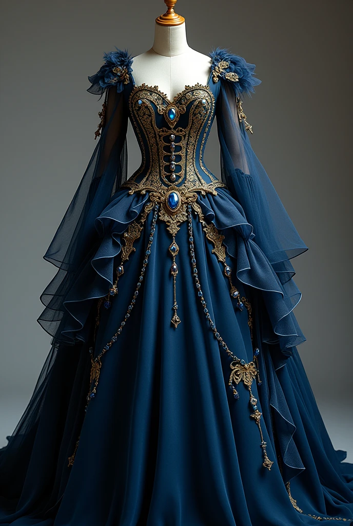Generates the image of a Victorian and Gothic style 15th birthday dress, Navy blue with gold applications, the skirt that has many layers of tulle in different shades of dark blue, that in these there are different applications in gold such as stones and flowers, gold lace on the edges of some of these, The neckline of the dress is heart-shaped., It has several small stones in the east that make the shape of the bust stand out, also around the entire corset and has more gold stones and a large central one at the lower tip of the corset, On the sleeves they are like fallen tulle and have several blue stones hanging from them (The theme is a masquerade ball so the dress must be very stunning., glamoro, without losing elegance and without looking too rough)