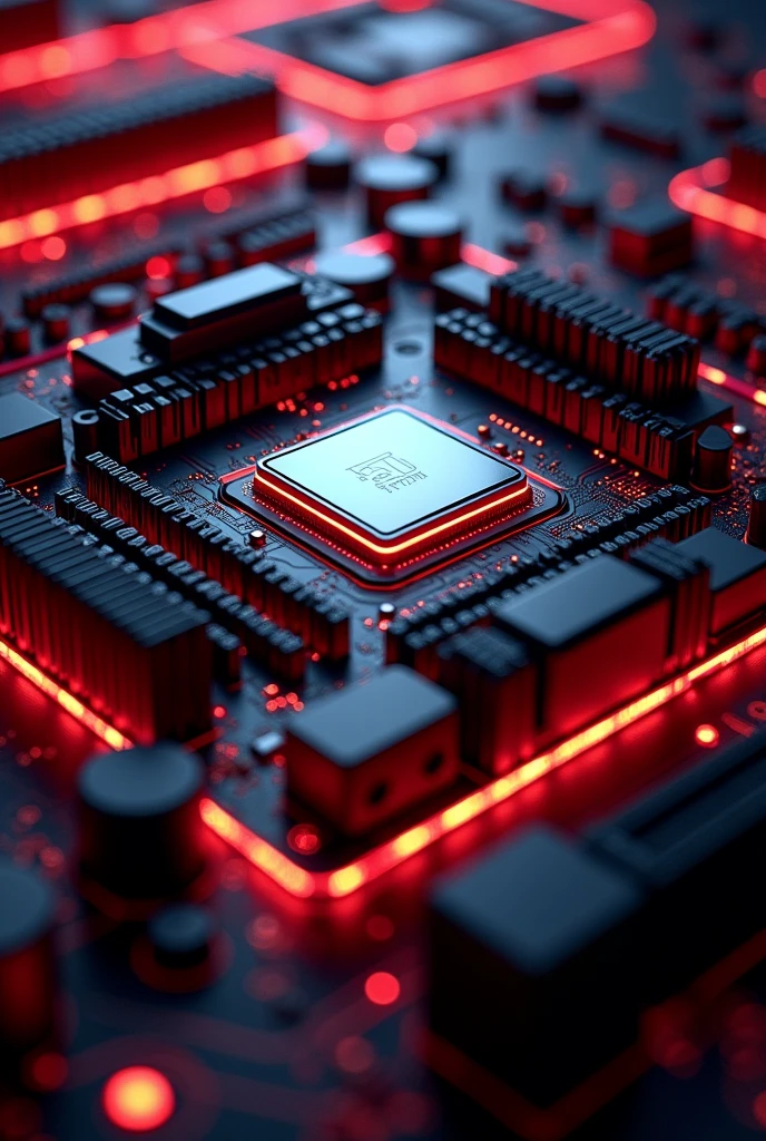 Motherboard, Portrait view, showing processor socket on the center, seen from above, futurist, with heat sinks, swirly vibrant colors, predominant colors in black and red and neon light effect