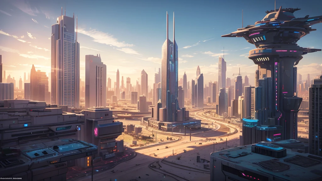 Create a futuristic cityscape in a desert biome, arid and dry. The city must be abandoned.