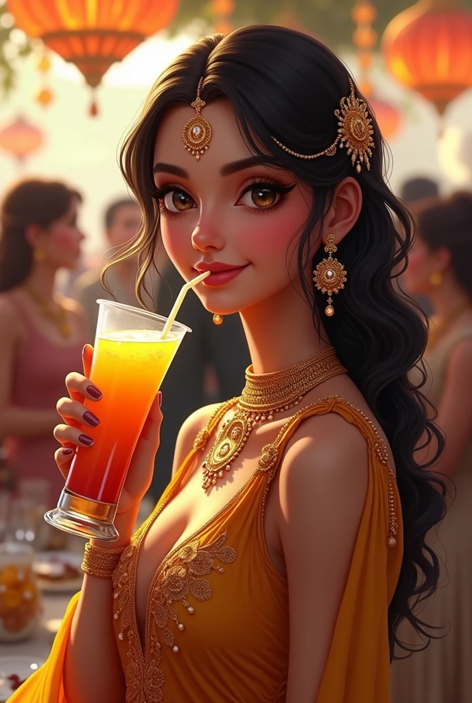 Arab girl, beautiful smile, curvy hourglass body, attending a wedding, big breast, drinking juice 